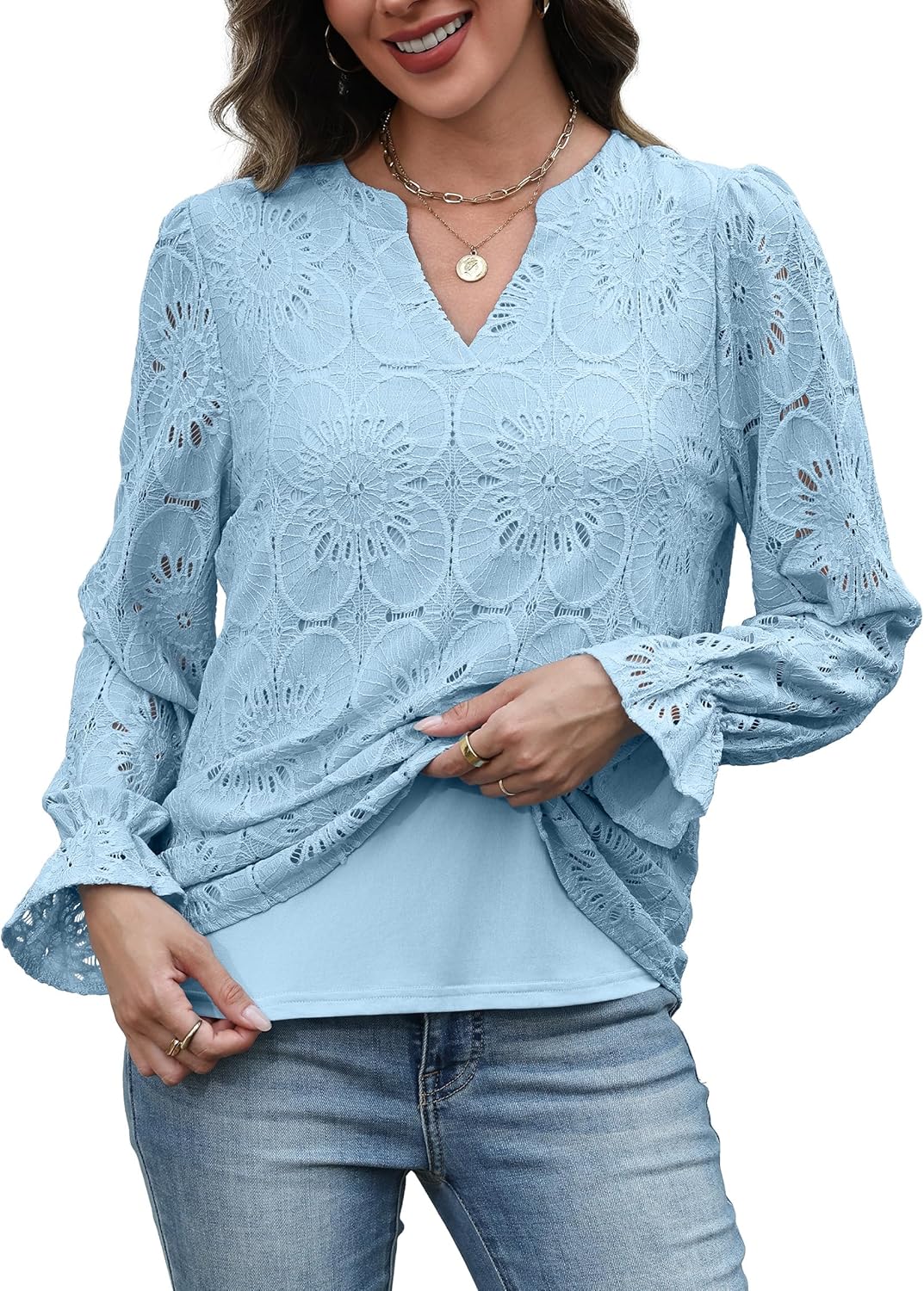 RUMIA Womens Blouses V Neck Eyelet Lace Tops with Lining Dressy Sheer Long Sleeve Shirts Embroidered Blouses 2025 Fashion
