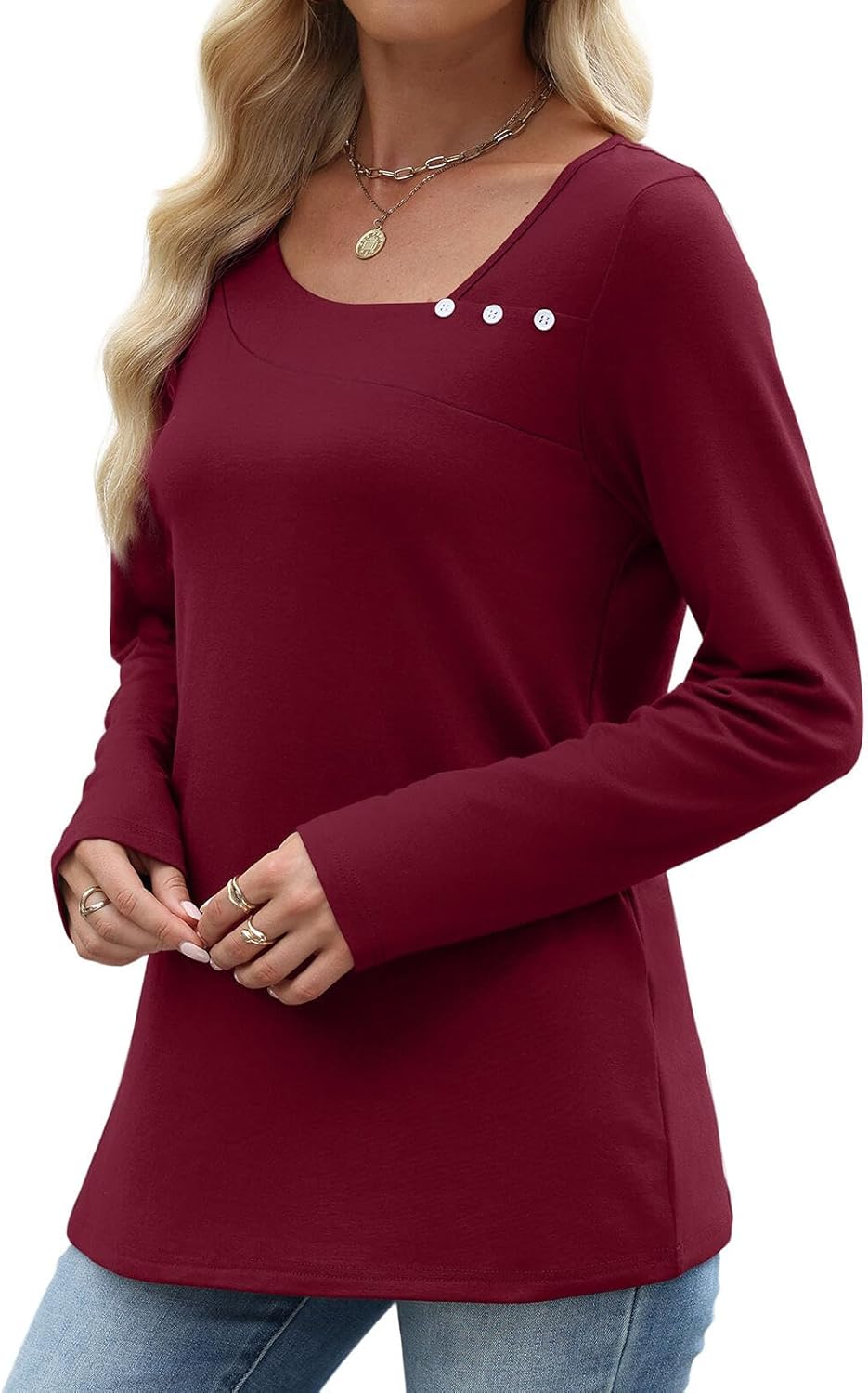 OFEEFAN Long Sleeve Shirts for Women Fall Clothes Asymmetric Square Neck Tunic Tops Decorative Buttons