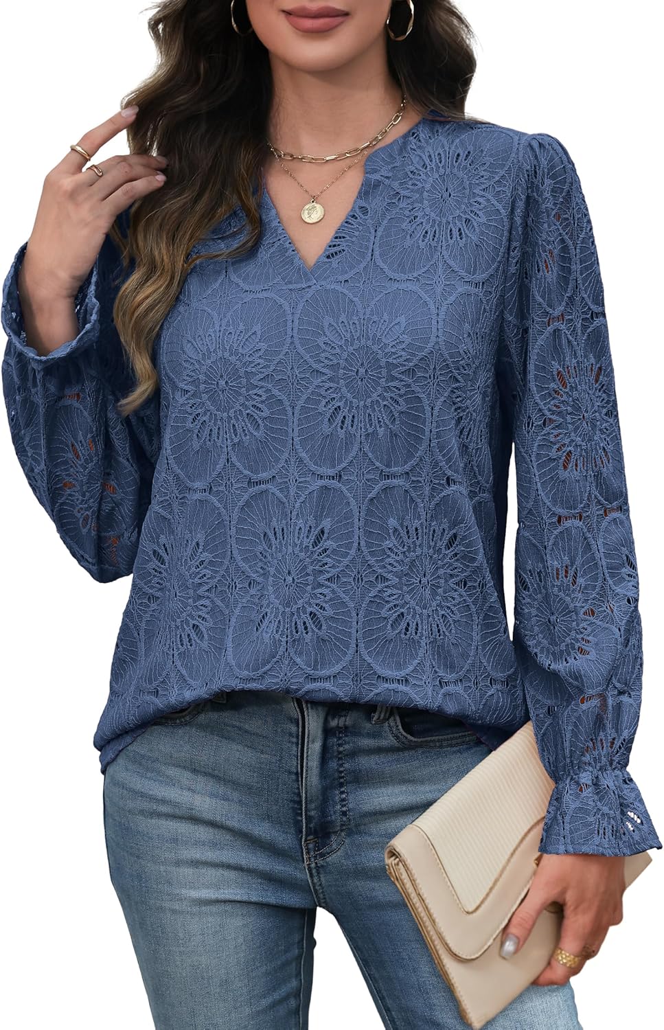 RUMIA Womens Blouses V Neck Eyelet Lace Tops with Lining Dressy Sheer Long Sleeve Shirts Embroidered Blouses 2025 Fashion