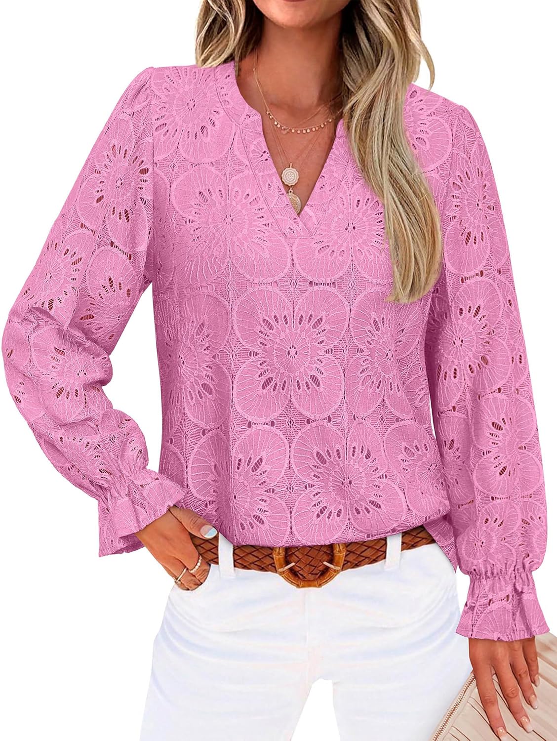 RUMIA Womens Blouses V Neck Eyelet Lace Tops with Lining Dressy Sheer Long Sleeve Shirts Embroidered Blouses 2025 Fashion