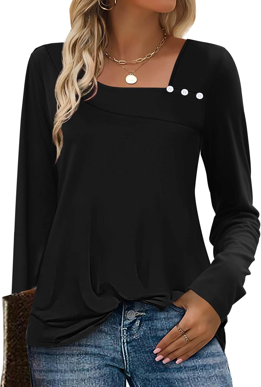 OFEEFAN Long Sleeve Shirts for Women Fall Clothes Asymmetric Square Neck Tunic Tops Decorative Buttons