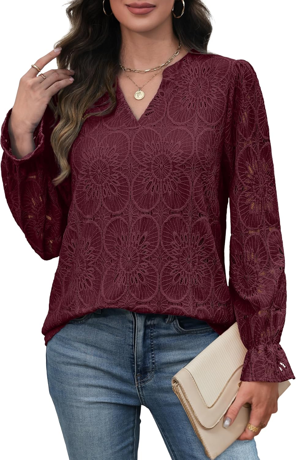 RUMIA Womens Blouses V Neck Eyelet Lace Tops with Lining Dressy Sheer Long Sleeve Shirts Embroidered Blouses 2025 Fashion