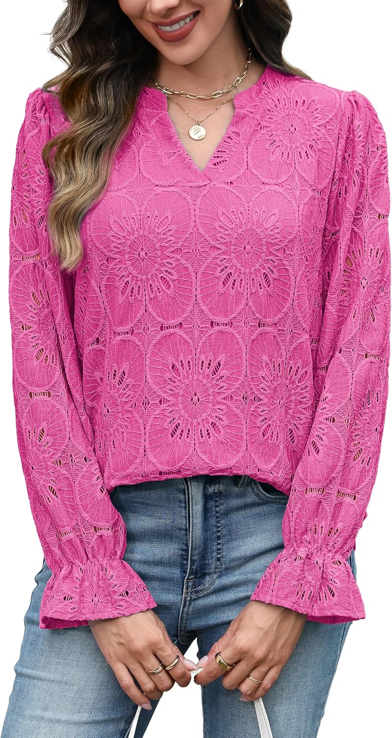 RUMIA Womens Blouses V Neck Eyelet Lace Tops with Lining Dressy Sheer Long Sleeve Shirts Embroidered Blouses 2025 Fashion