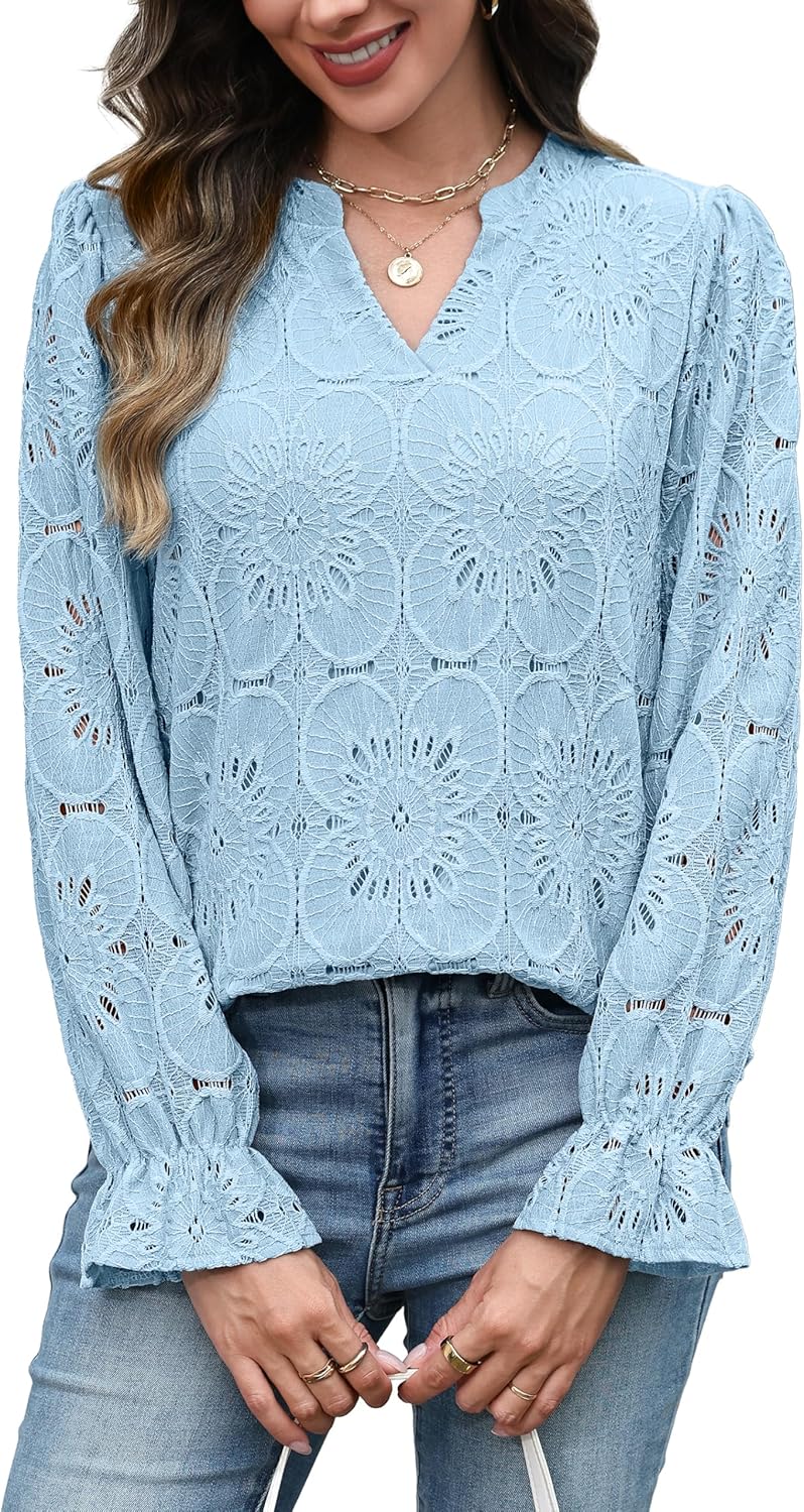 RUMIA Womens Blouses V Neck Eyelet Lace Tops with Lining Dressy Sheer Long Sleeve Shirts Embroidered Blouses 2025 Fashion