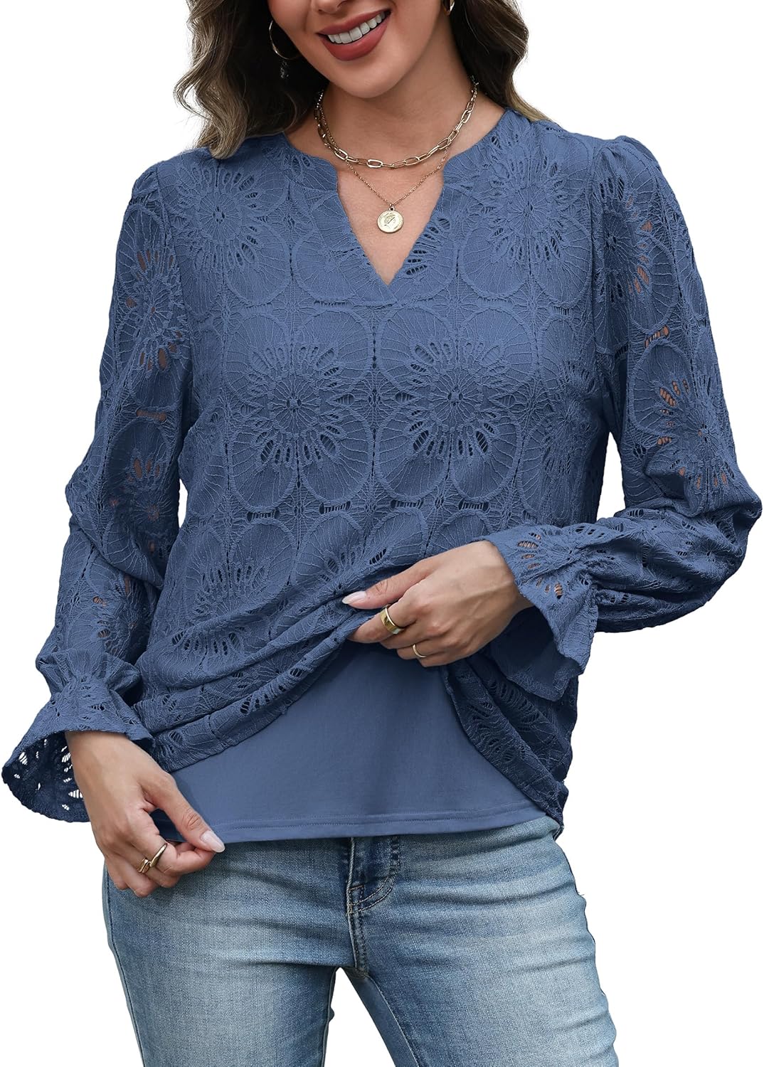 RUMIA Womens Blouses V Neck Eyelet Lace Tops with Lining Dressy Sheer Long Sleeve Shirts Embroidered Blouses 2025 Fashion