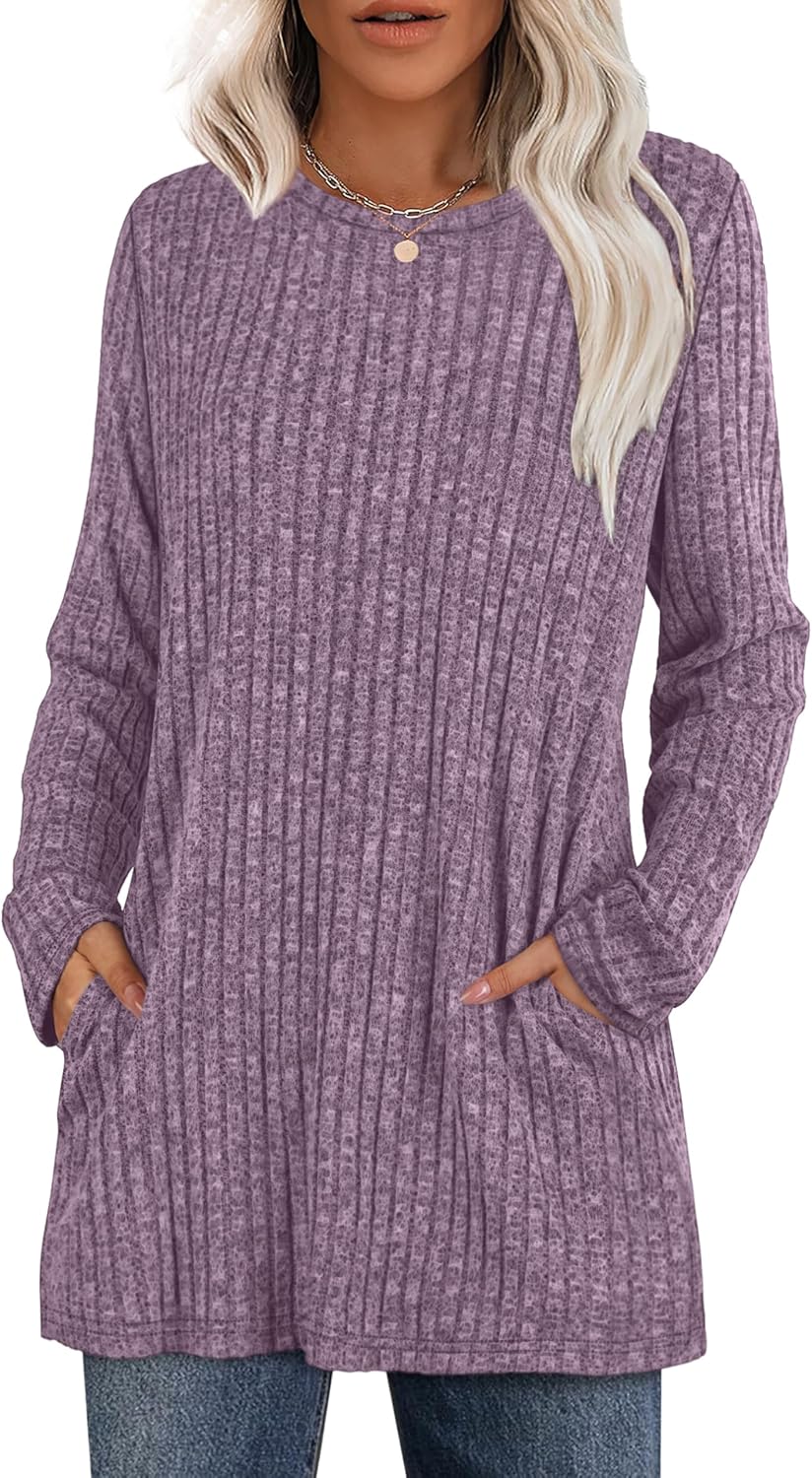 XIEERDUO Long Sleeve Shirts for Women Crewneck Tunic Tops Loose Fit Dressy Womens Sweaters with Pockets Fall Fashion 2025