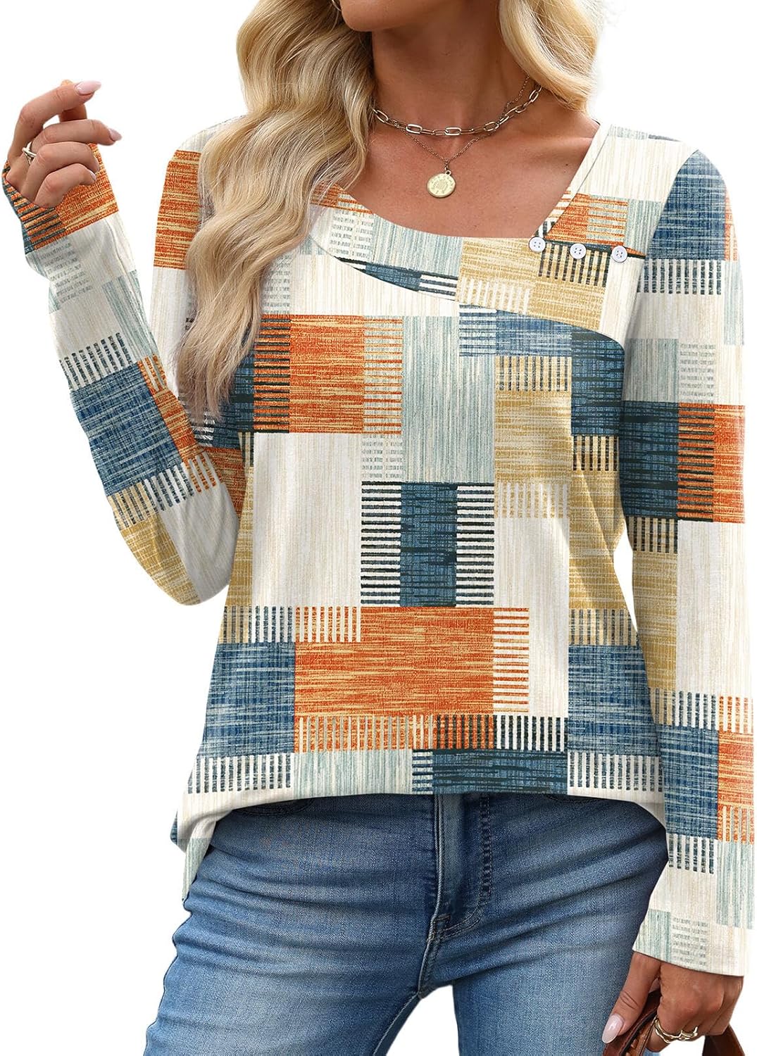 OFEEFAN Long Sleeve Shirts for Women Fall Clothes Asymmetric Square Neck Tunic Tops Decorative Buttons