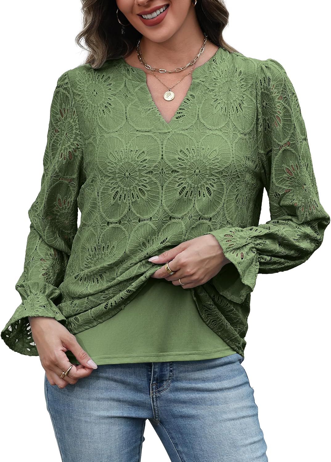 RUMIA Womens Blouses V Neck Eyelet Lace Tops with Lining Dressy Sheer Long Sleeve Shirts Embroidered Blouses 2025 Fashion