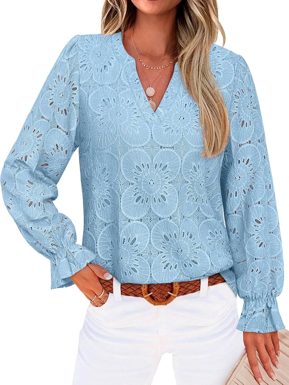 RUMIA Womens Blouses V Neck Eyelet Lace Tops with Lining Dressy Sheer Long Sleeve Shirts Embroidered Blouses 2025 Fashion