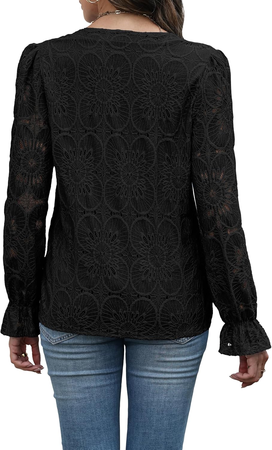 RUMIA Womens Blouses V Neck Eyelet Lace Tops with Lining Dressy Sheer Long Sleeve Shirts Embroidered Blouses 2025 Fashion