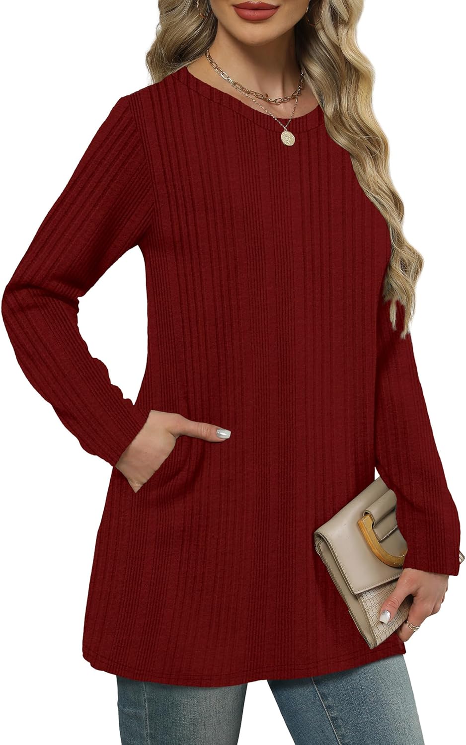 XIEERDUO Long Sleeve Shirts for Women Crewneck Tunic Tops Loose Fit Dressy Womens Sweaters with Pockets Fall Fashion 2025