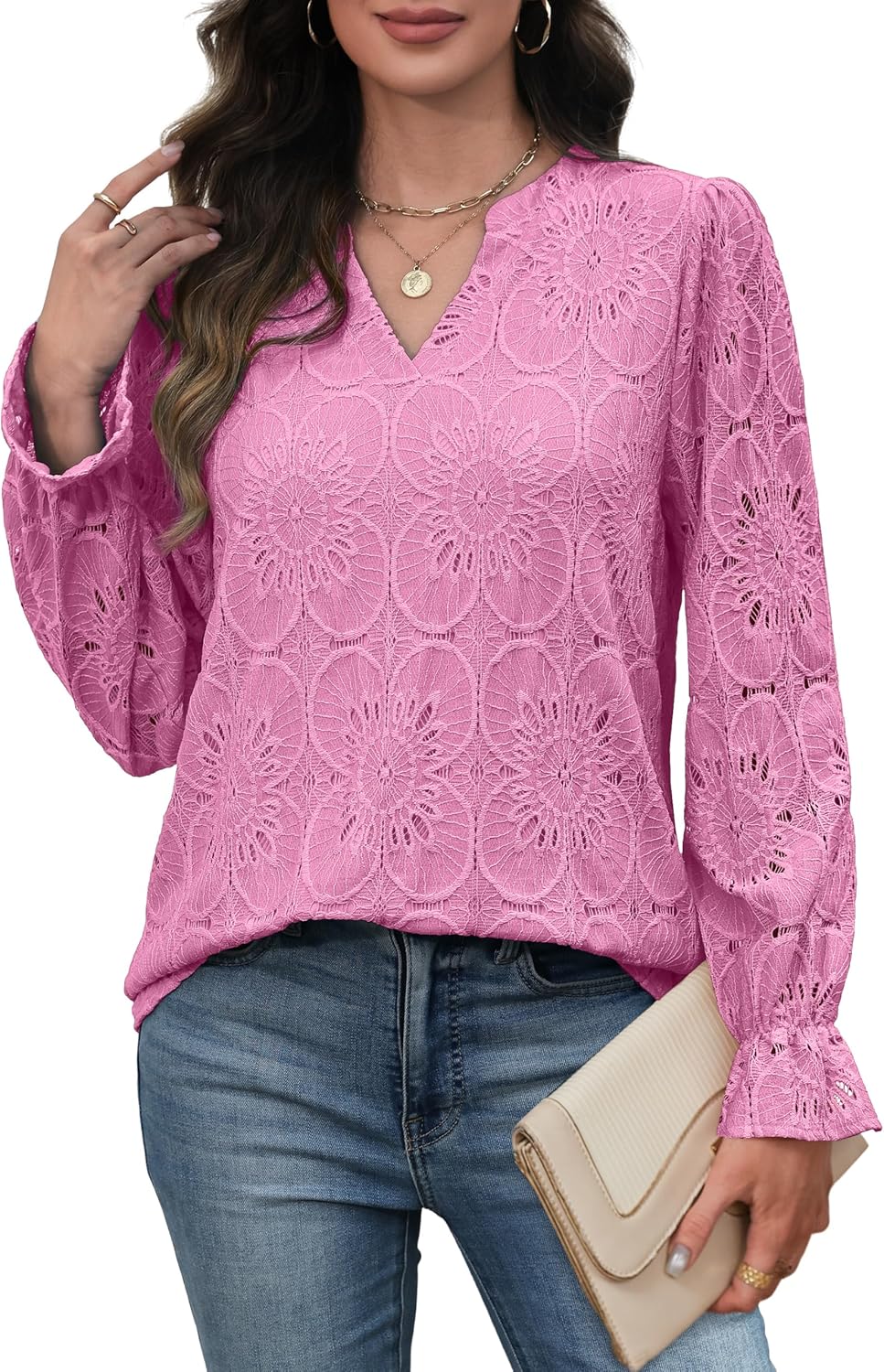 RUMIA Womens Blouses V Neck Eyelet Lace Tops with Lining Dressy Sheer Long Sleeve Shirts Embroidered Blouses 2025 Fashion