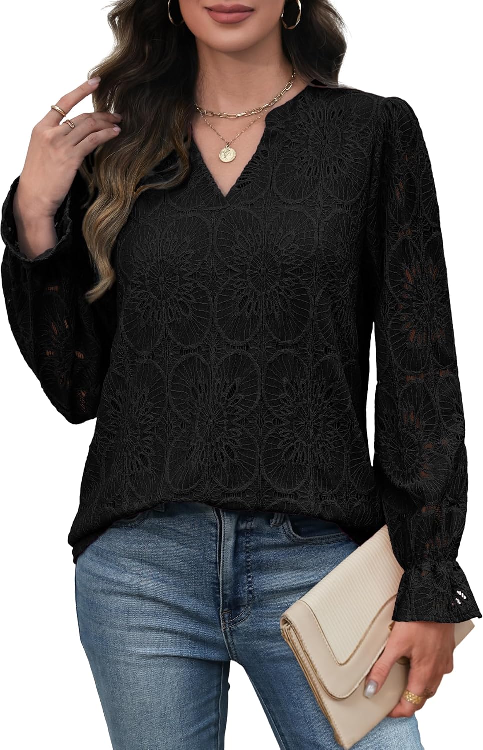 RUMIA Womens Blouses V Neck Eyelet Lace Tops with Lining Dressy Sheer Long Sleeve Shirts Embroidered Blouses 2025 Fashion