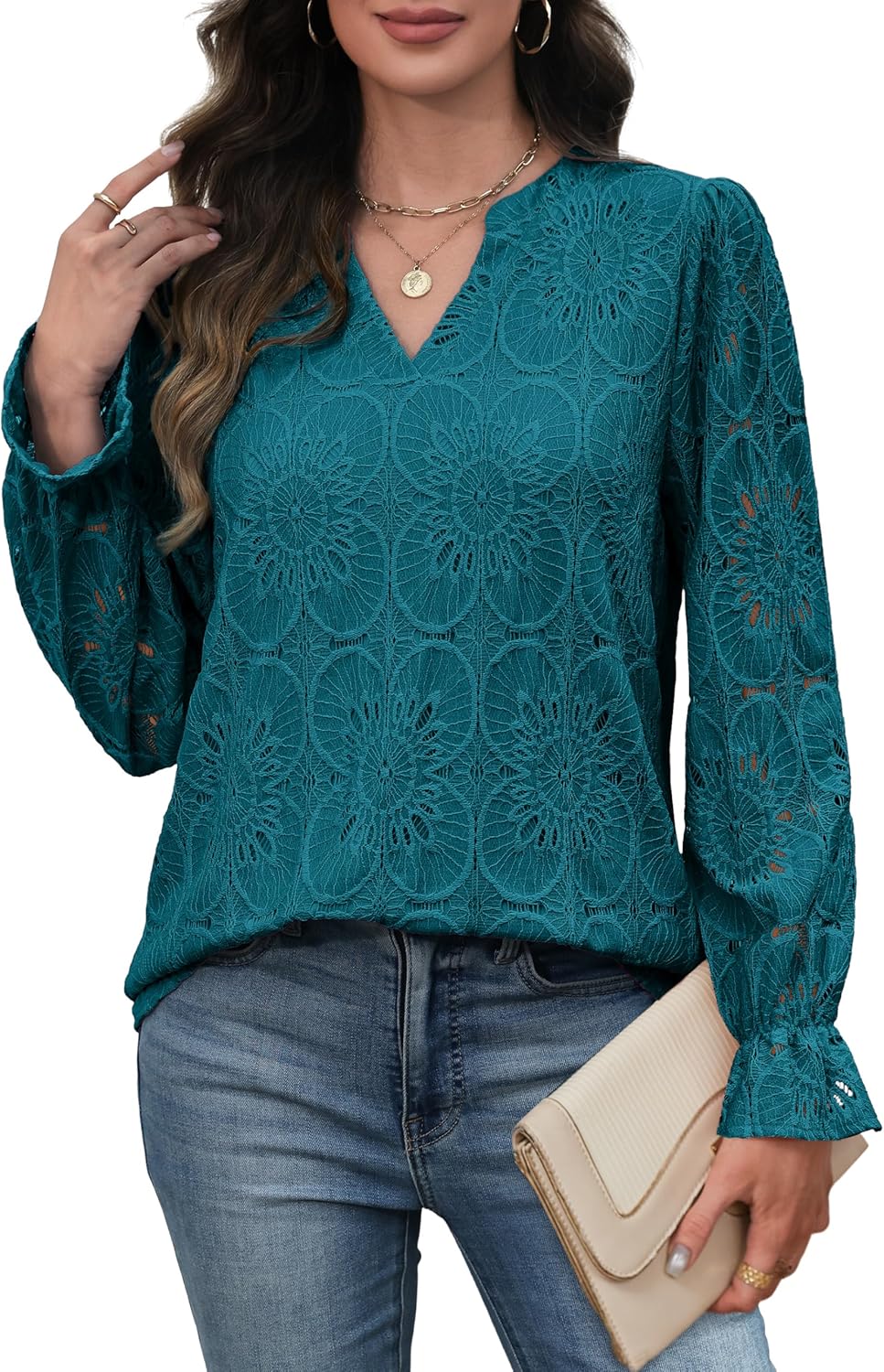 RUMIA Womens Blouses V Neck Eyelet Lace Tops with Lining Dressy Sheer Long Sleeve Shirts Embroidered Blouses 2025 Fashion