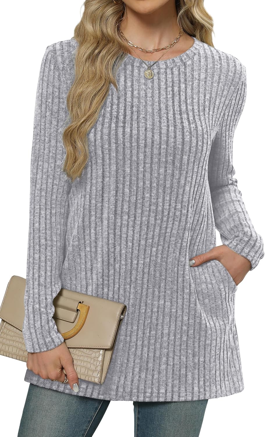 XIEERDUO Long Sleeve Shirts for Women Crewneck Tunic Tops Loose Fit Dressy Womens Sweaters with Pockets Fall Fashion 2025