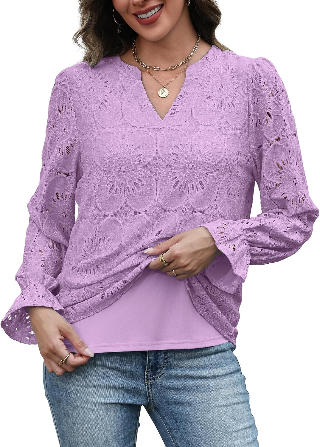 RUMIA Womens Blouses V Neck Eyelet Lace Tops with Lining Dressy Sheer Long Sleeve Shirts Embroidered Blouses 2025 Fashion