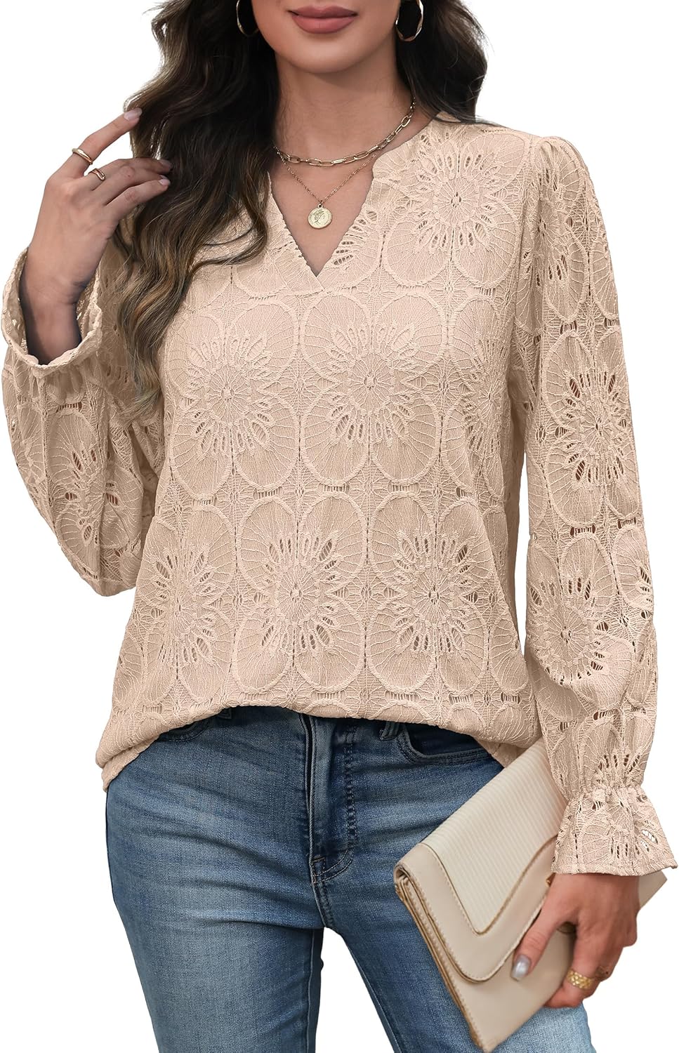 RUMIA Womens Blouses V Neck Eyelet Lace Tops with Lining Dressy Sheer Long Sleeve Shirts Embroidered Blouses 2025 Fashion