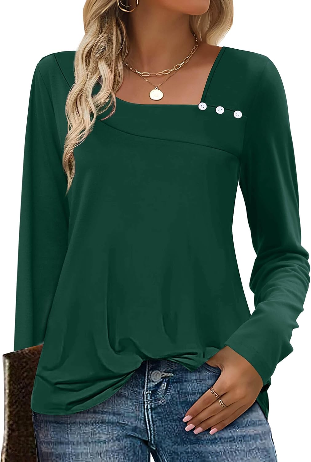 OFEEFAN Long Sleeve Shirts for Women Fall Clothes Asymmetric Square Neck Tunic Tops Decorative Buttons