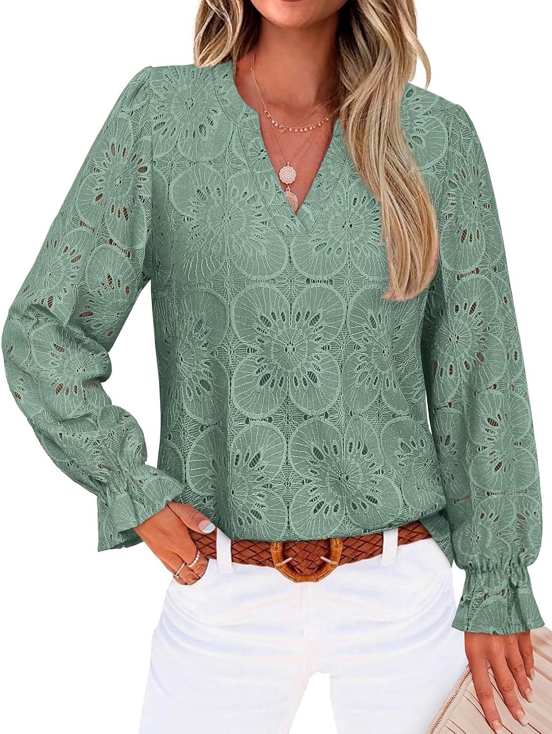 RUMIA Womens Blouses V Neck Eyelet Lace Tops with Lining Dressy Sheer Long Sleeve Shirts Embroidered Blouses 2025 Fashion