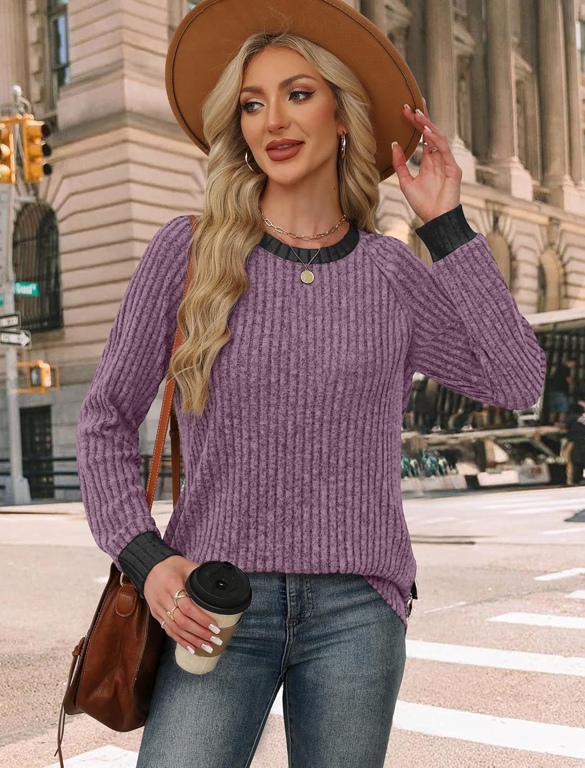 WIHOLL Long Sleeve Shirts for Women Lightweight Sweaters Fall Outfits 2025 Color Block Winter Clothing Dressy Casual Soft