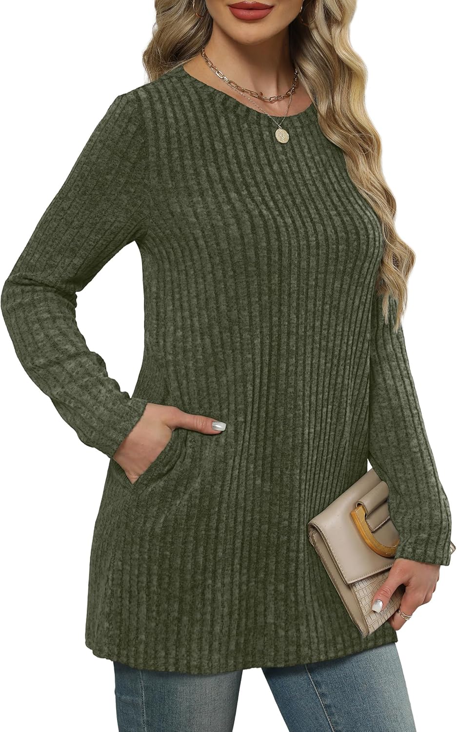 XIEERDUO Long Sleeve Shirts for Women Crewneck Tunic Tops Loose Fit Dressy Womens Sweaters with Pockets Fall Fashion 2025