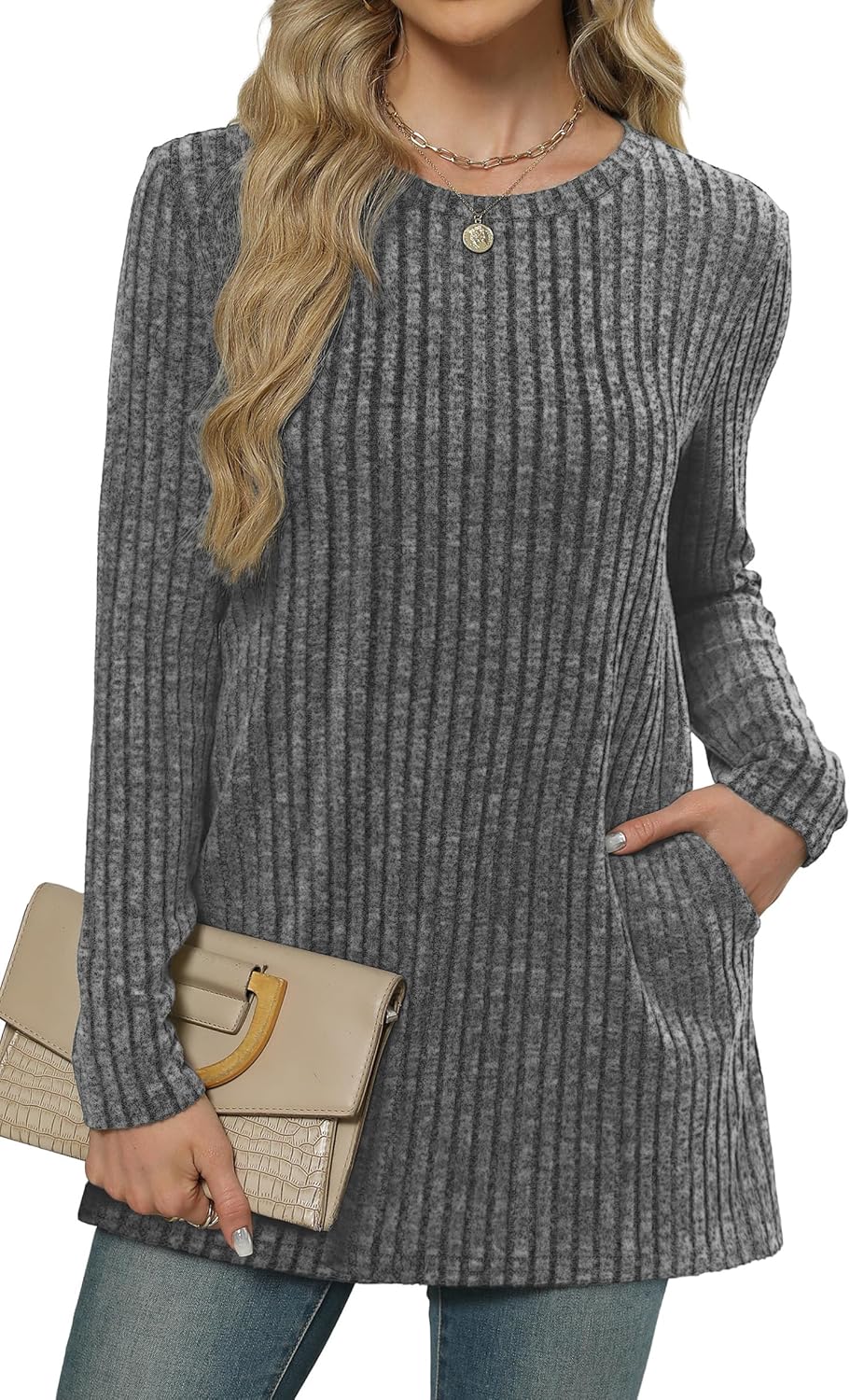 XIEERDUO Long Sleeve Shirts for Women Crewneck Tunic Tops Loose Fit Dressy Womens Sweaters with Pockets Fall Fashion 2025