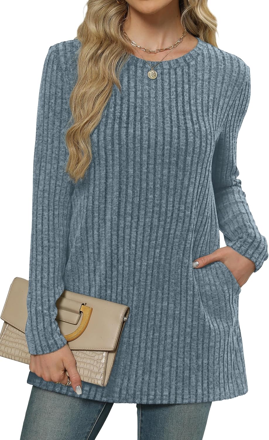 XIEERDUO Long Sleeve Shirts for Women Crewneck Tunic Tops Loose Fit Dressy Womens Sweaters with Pockets Fall Fashion 2025