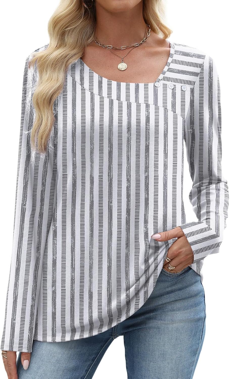 OFEEFAN Long Sleeve Shirts for Women Fall Clothes Asymmetric Square Neck Tunic Tops Decorative Buttons