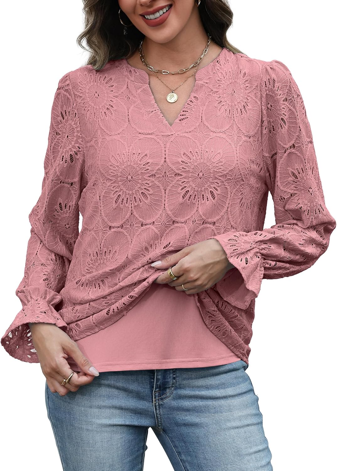 RUMIA Womens Blouses V Neck Eyelet Lace Tops with Lining Dressy Sheer Long Sleeve Shirts Embroidered Blouses 2025 Fashion
