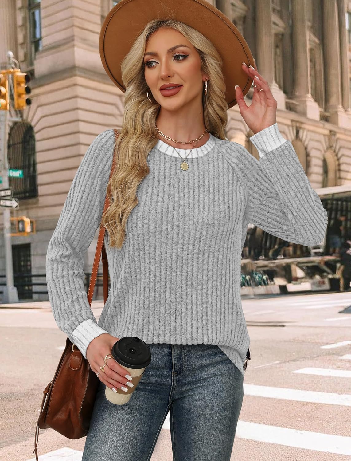 WIHOLL Long Sleeve Shirts for Women Lightweight Sweaters Fall Outfits 2025 Color Block Winter Clothing Dressy Casual Soft