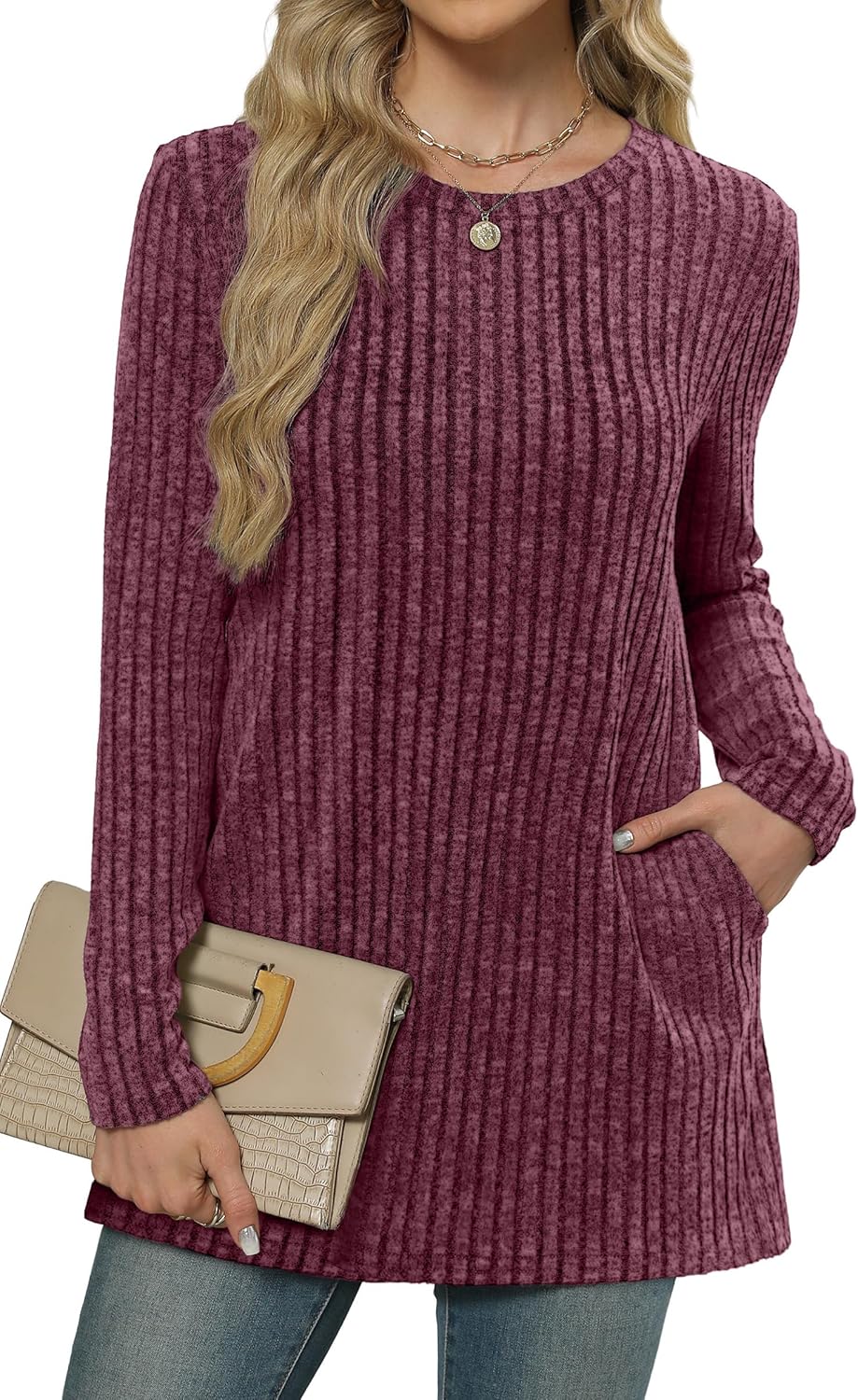 XIEERDUO Long Sleeve Shirts for Women Crewneck Tunic Tops Loose Fit Dressy Womens Sweaters with Pockets Fall Fashion 2025