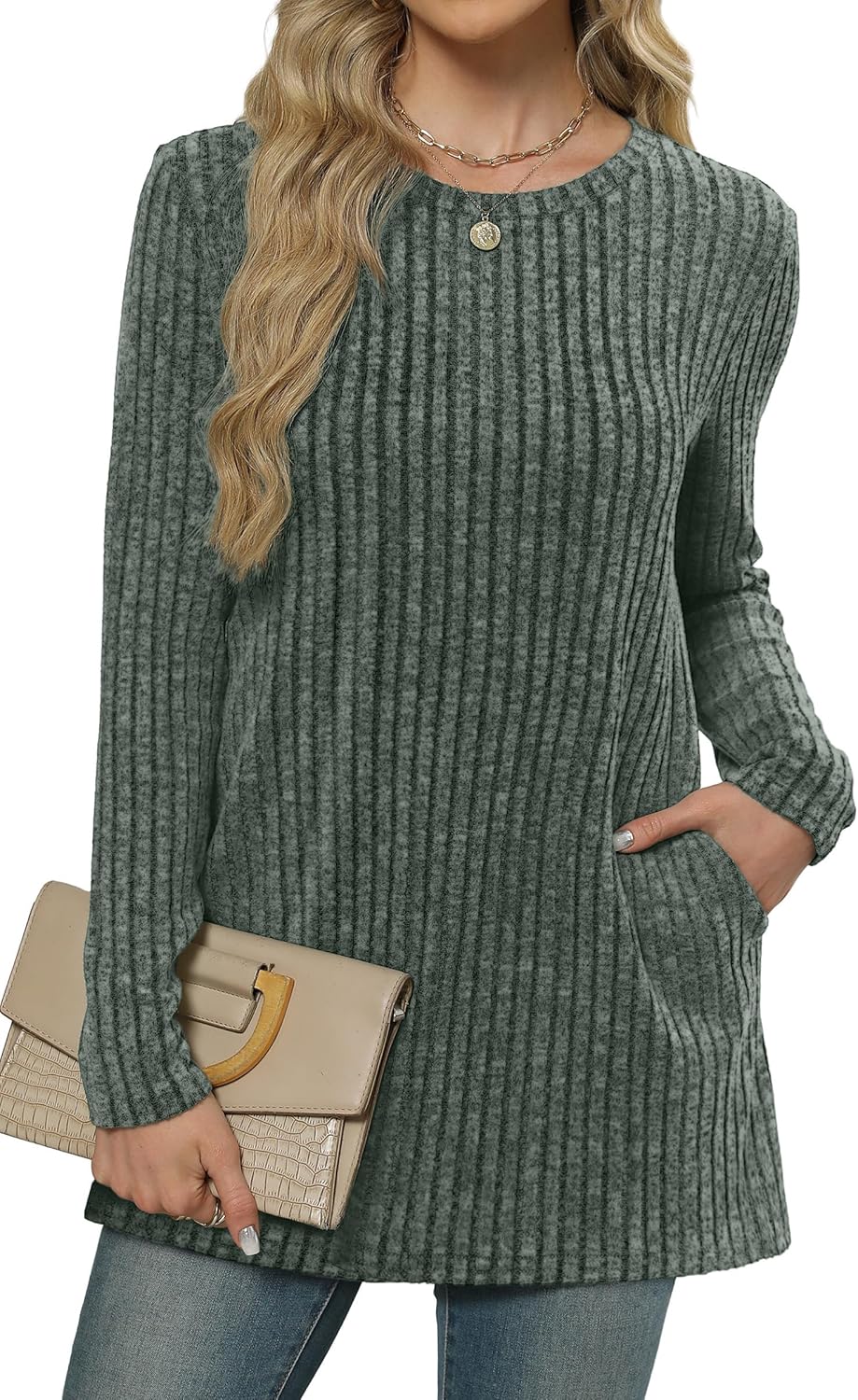 XIEERDUO Long Sleeve Shirts for Women Crewneck Tunic Tops Loose Fit Dressy Womens Sweaters with Pockets Fall Fashion 2025