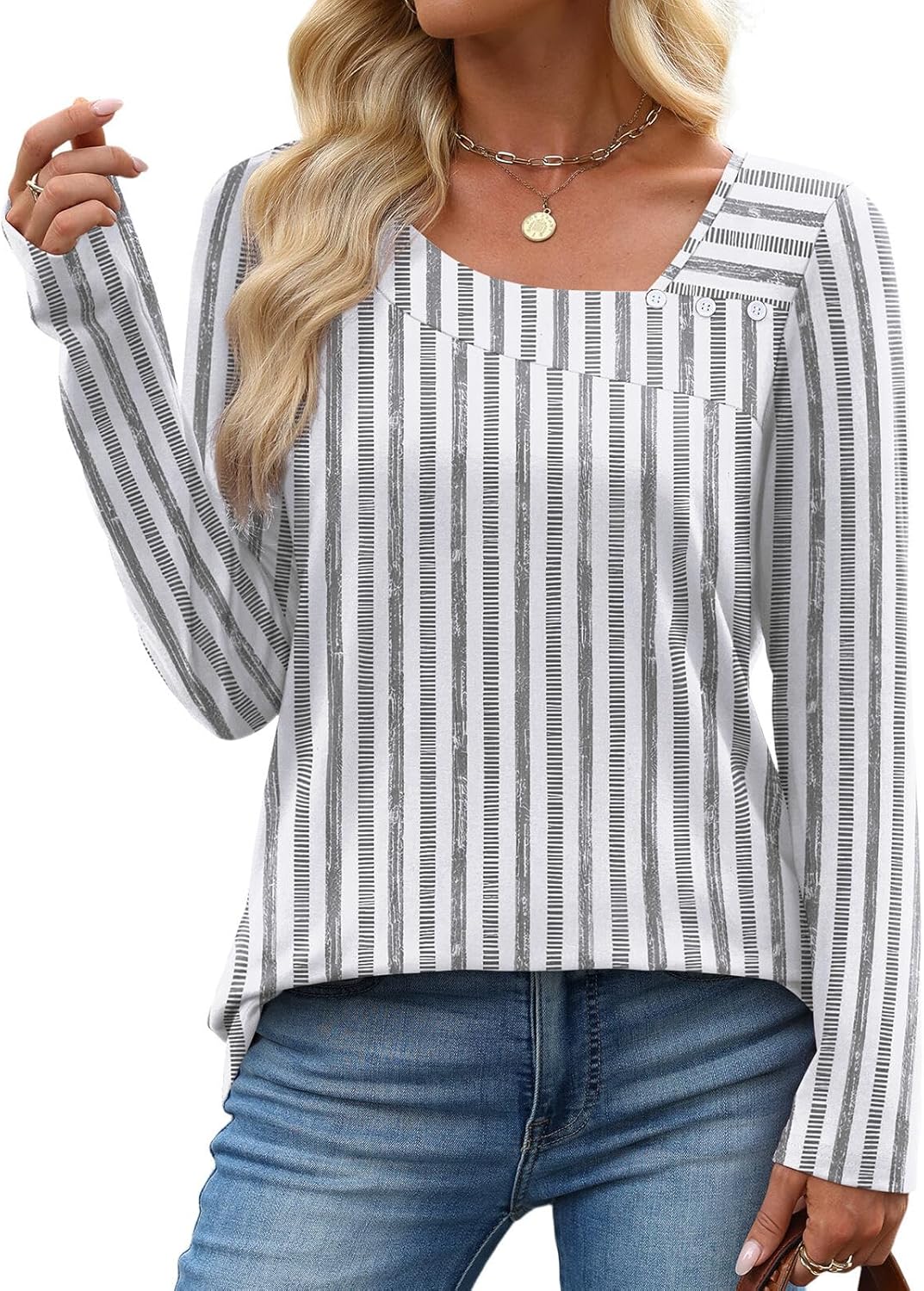 OFEEFAN Long Sleeve Shirts for Women Fall Clothes Asymmetric Square Neck Tunic Tops Decorative Buttons