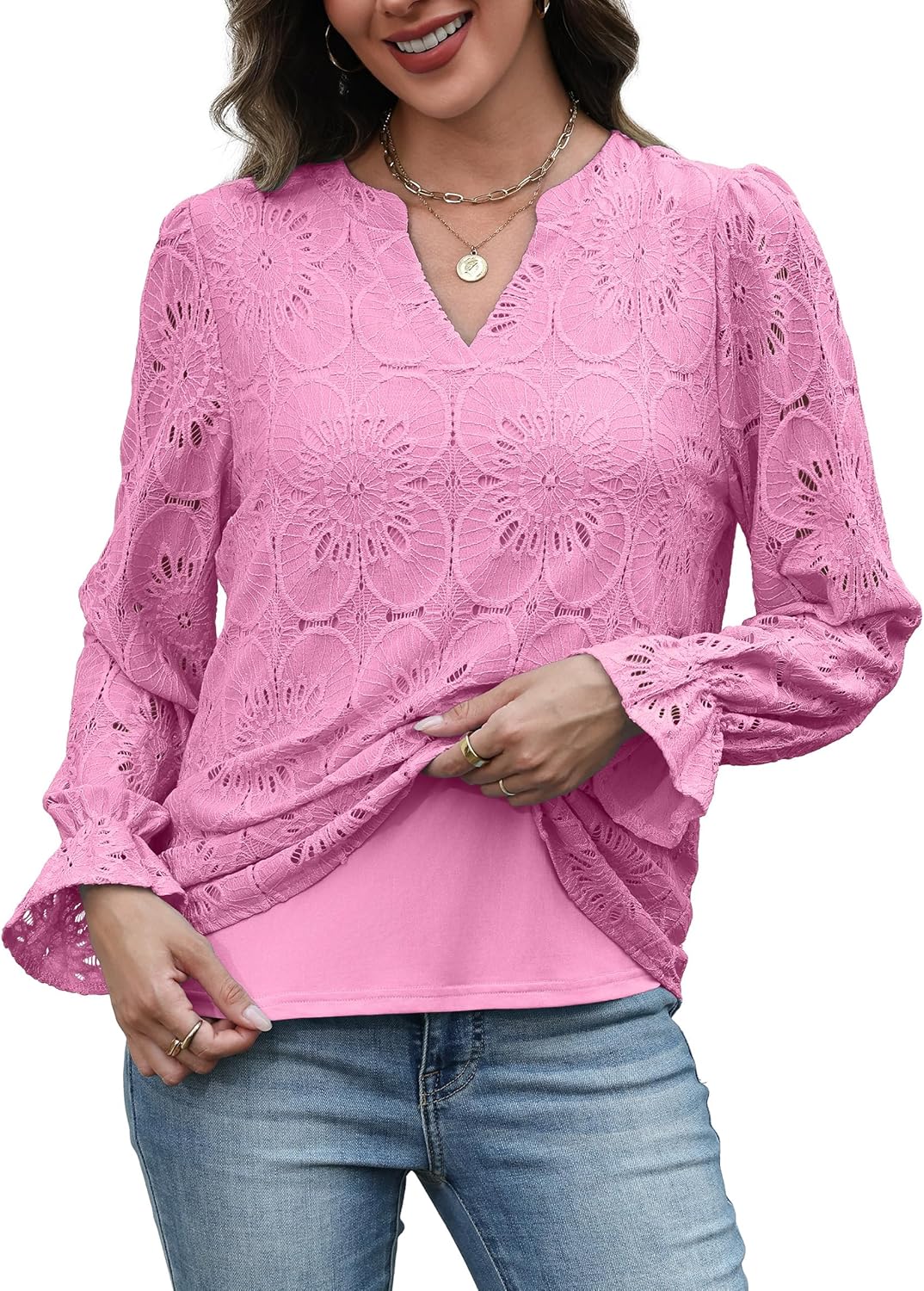 RUMIA Womens Blouses V Neck Eyelet Lace Tops with Lining Dressy Sheer Long Sleeve Shirts Embroidered Blouses 2025 Fashion