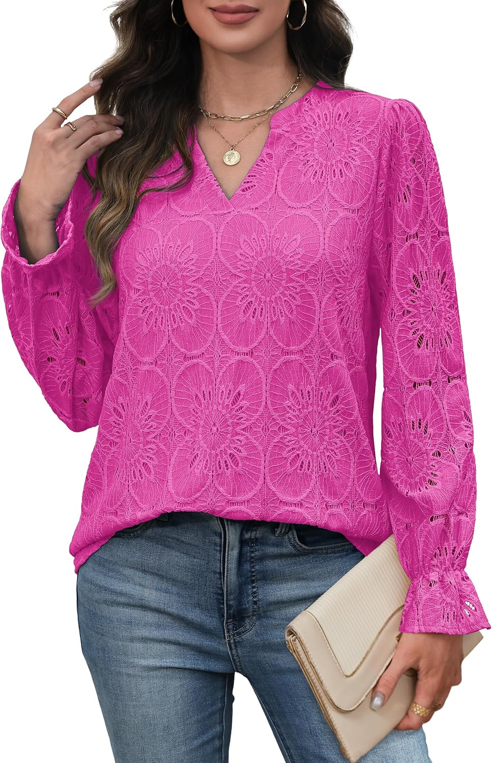 RUMIA Womens Blouses V Neck Eyelet Lace Tops with Lining Dressy Sheer Long Sleeve Shirts Embroidered Blouses 2025 Fashion