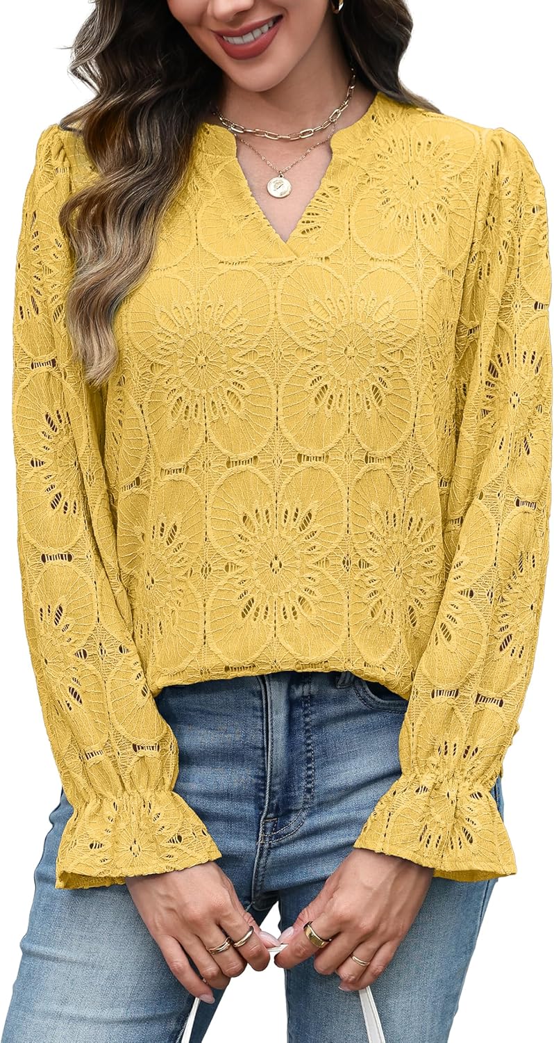 RUMIA Womens Blouses V Neck Eyelet Lace Tops with Lining Dressy Sheer Long Sleeve Shirts Embroidered Blouses 2025 Fashion