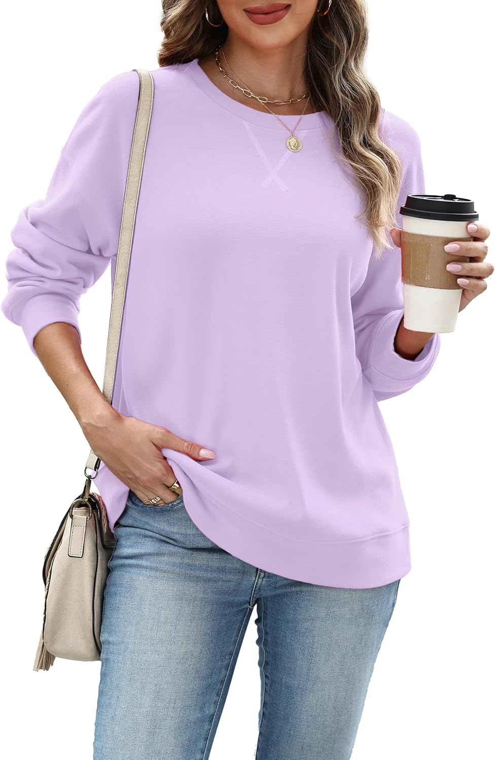 RUMIA Women's Crew Neck Sweatshirt Loose Pullover Long Sleeve Shirts Soft Tops for Women Fall Clothes 2025