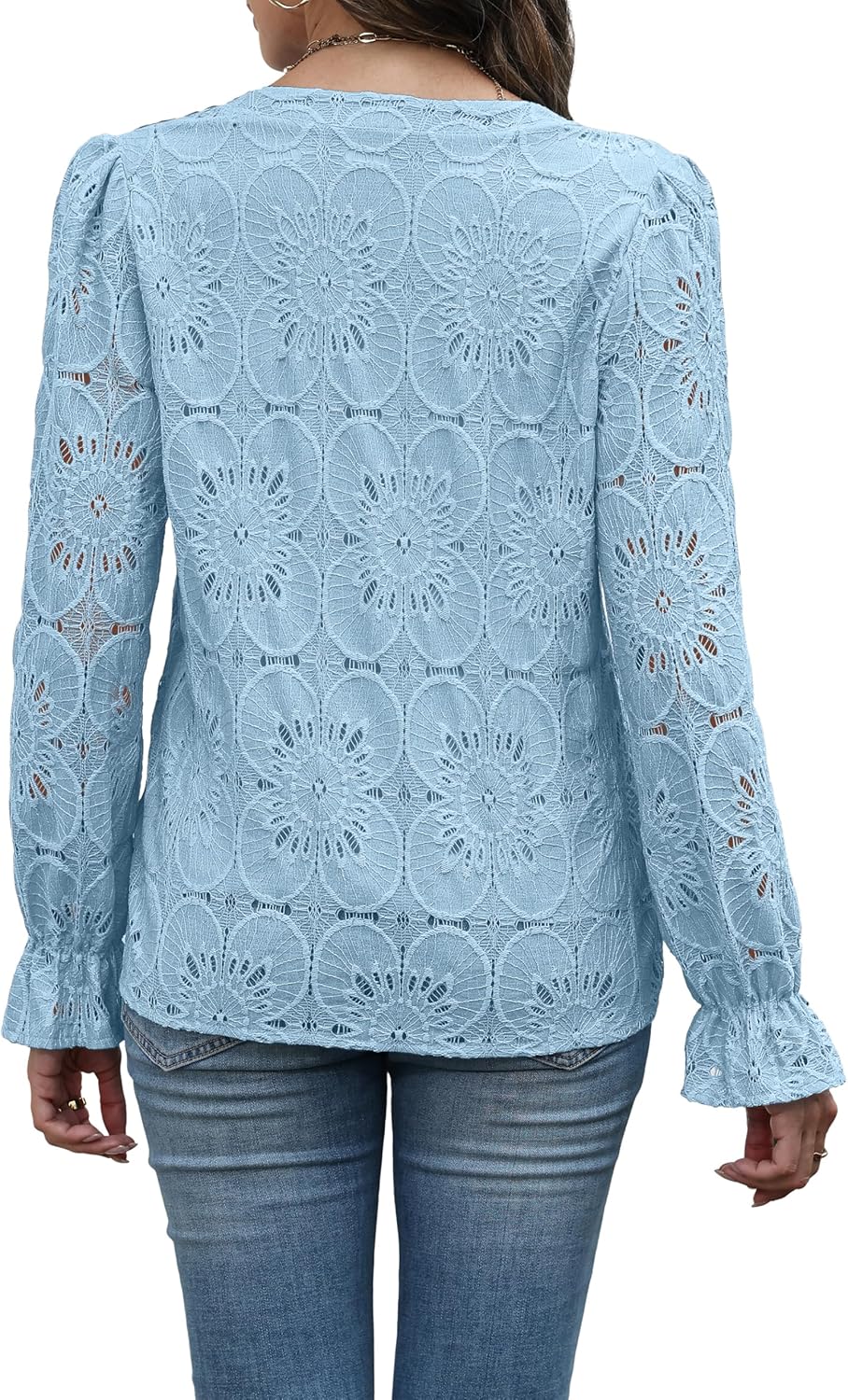RUMIA Womens Blouses V Neck Eyelet Lace Tops with Lining Dressy Sheer Long Sleeve Shirts Embroidered Blouses 2025 Fashion