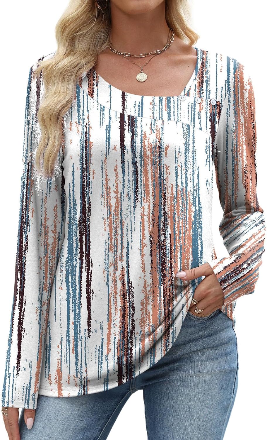 OFEEFAN Long Sleeve Shirts for Women Fall Clothes Asymmetric Square Neck Tunic Tops Decorative Buttons