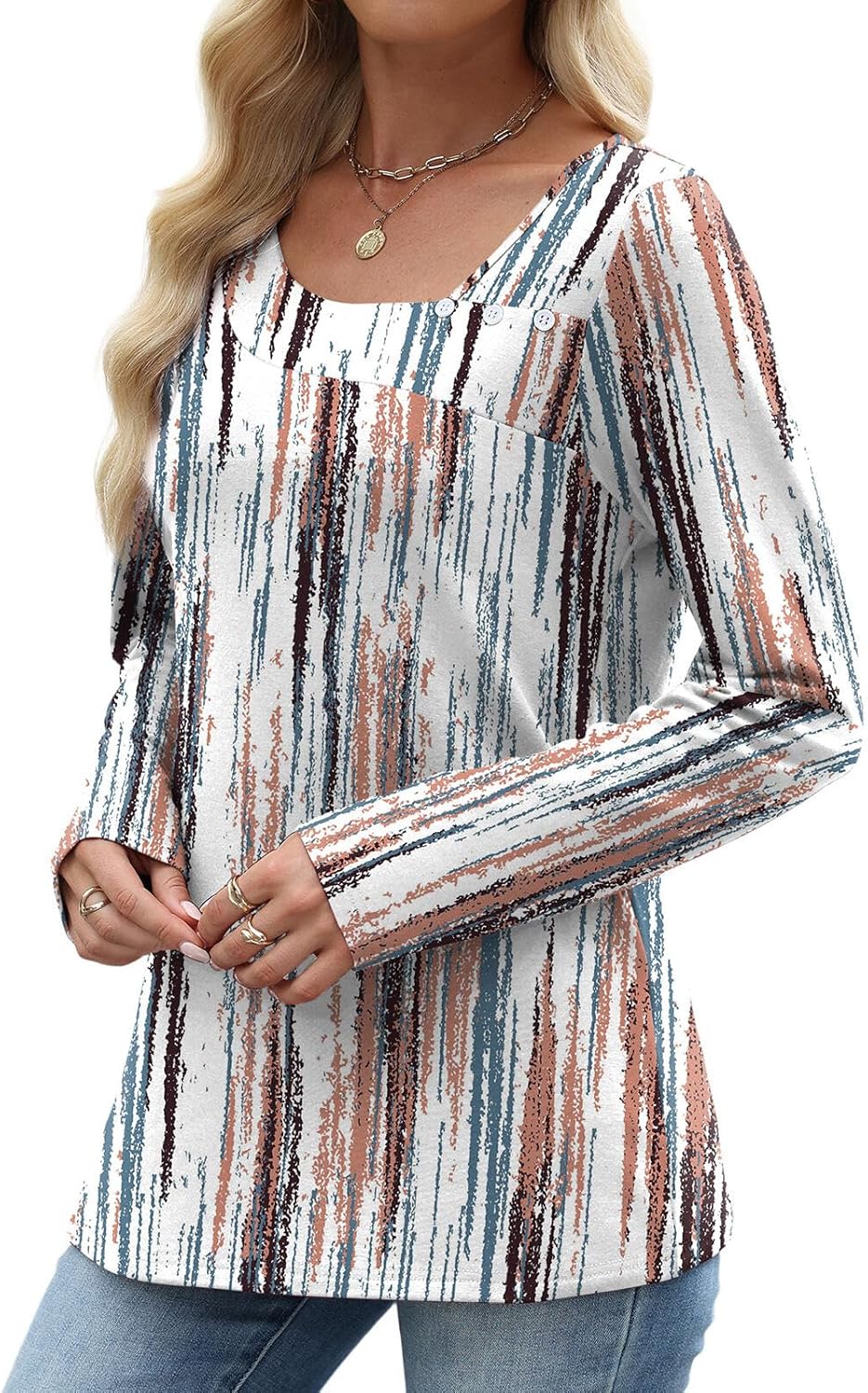 OFEEFAN Long Sleeve Shirts for Women Fall Clothes Asymmetric Square Neck Tunic Tops Decorative Buttons