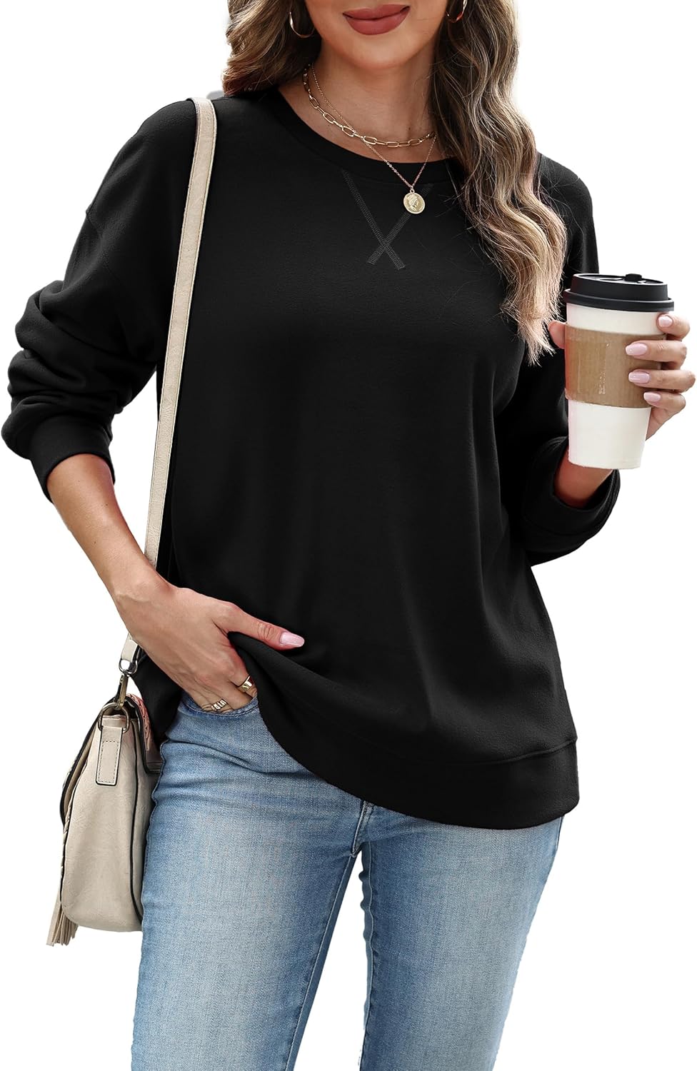 RUMIA Women's Crew Neck Sweatshirt Loose Pullover Long Sleeve Shirts Soft Tops for Women Fall Clothes 2025