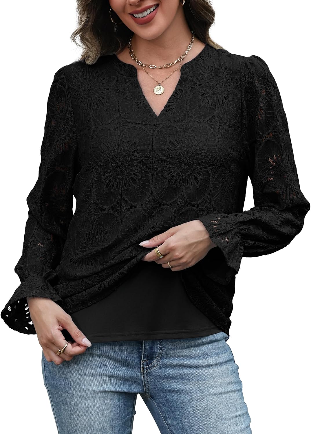 RUMIA Womens Blouses V Neck Eyelet Lace Tops with Lining Dressy Sheer Long Sleeve Shirts Embroidered Blouses 2025 Fashion