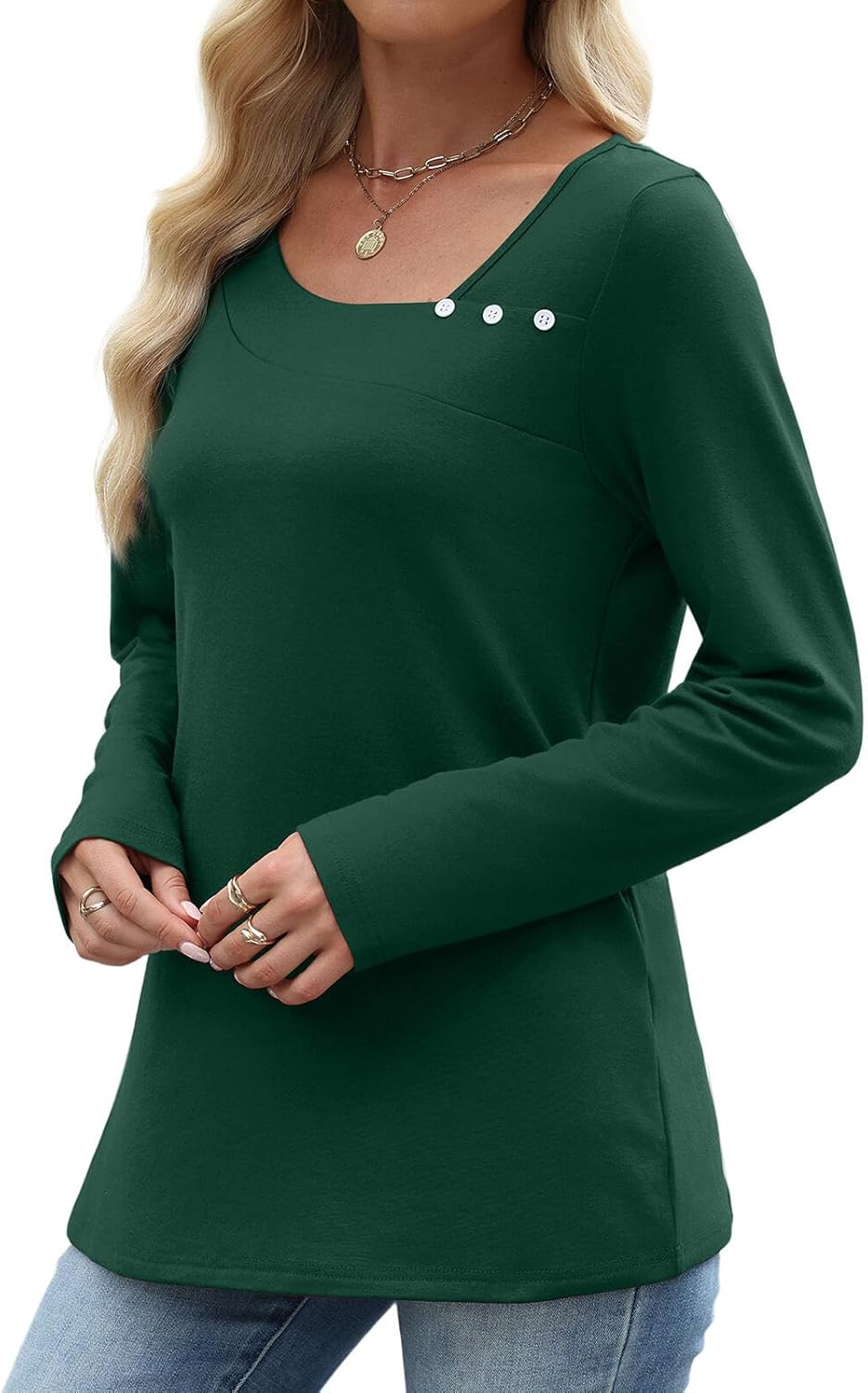 OFEEFAN Long Sleeve Shirts for Women Fall Clothes Asymmetric Square Neck Tunic Tops Decorative Buttons