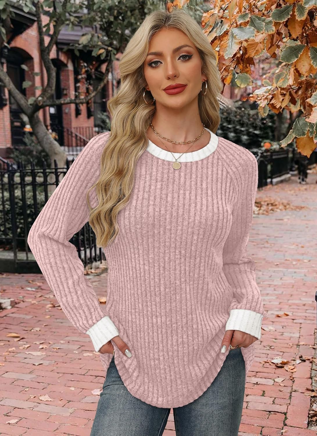 WIHOLL Long Sleeve Shirts for Women Lightweight Sweaters Fall Outfits 2025 Color Block Winter Clothing Dressy Casual Soft