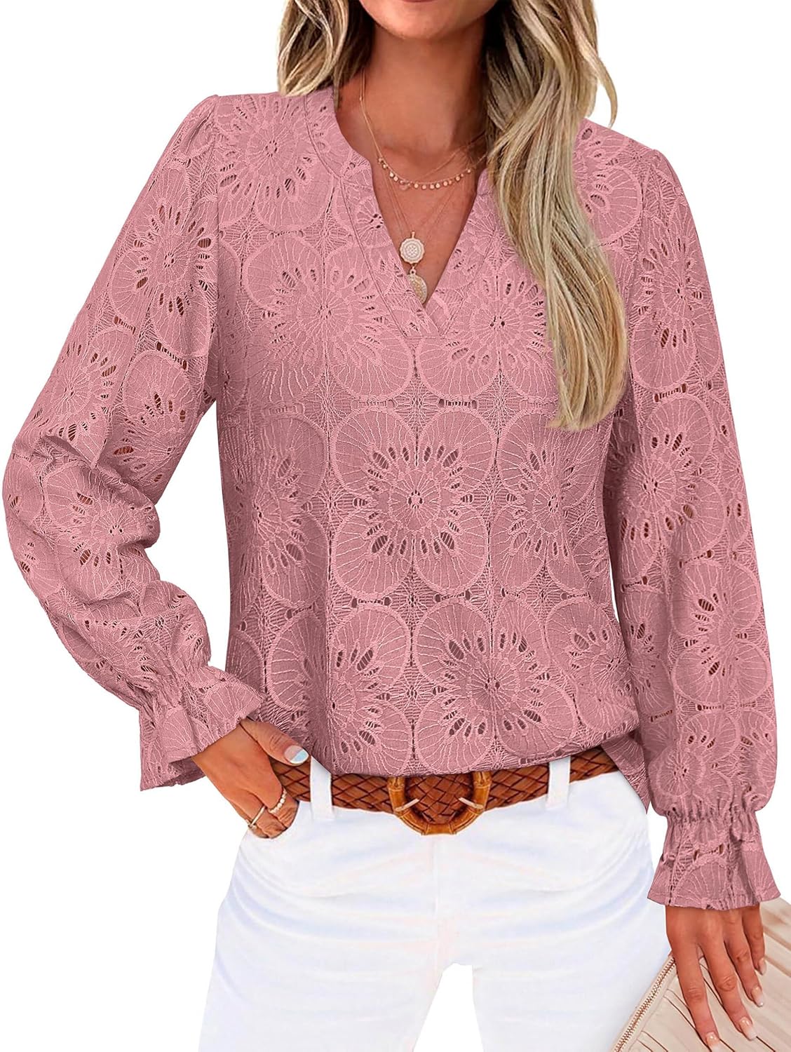 RUMIA Womens Blouses V Neck Eyelet Lace Tops with Lining Dressy Sheer Long Sleeve Shirts Embroidered Blouses 2025 Fashion