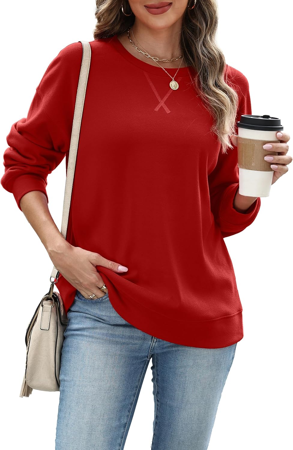 RUMIA Women's Crew Neck Sweatshirt Loose Pullover Long Sleeve Shirts Soft Tops for Women Fall Clothes 2025