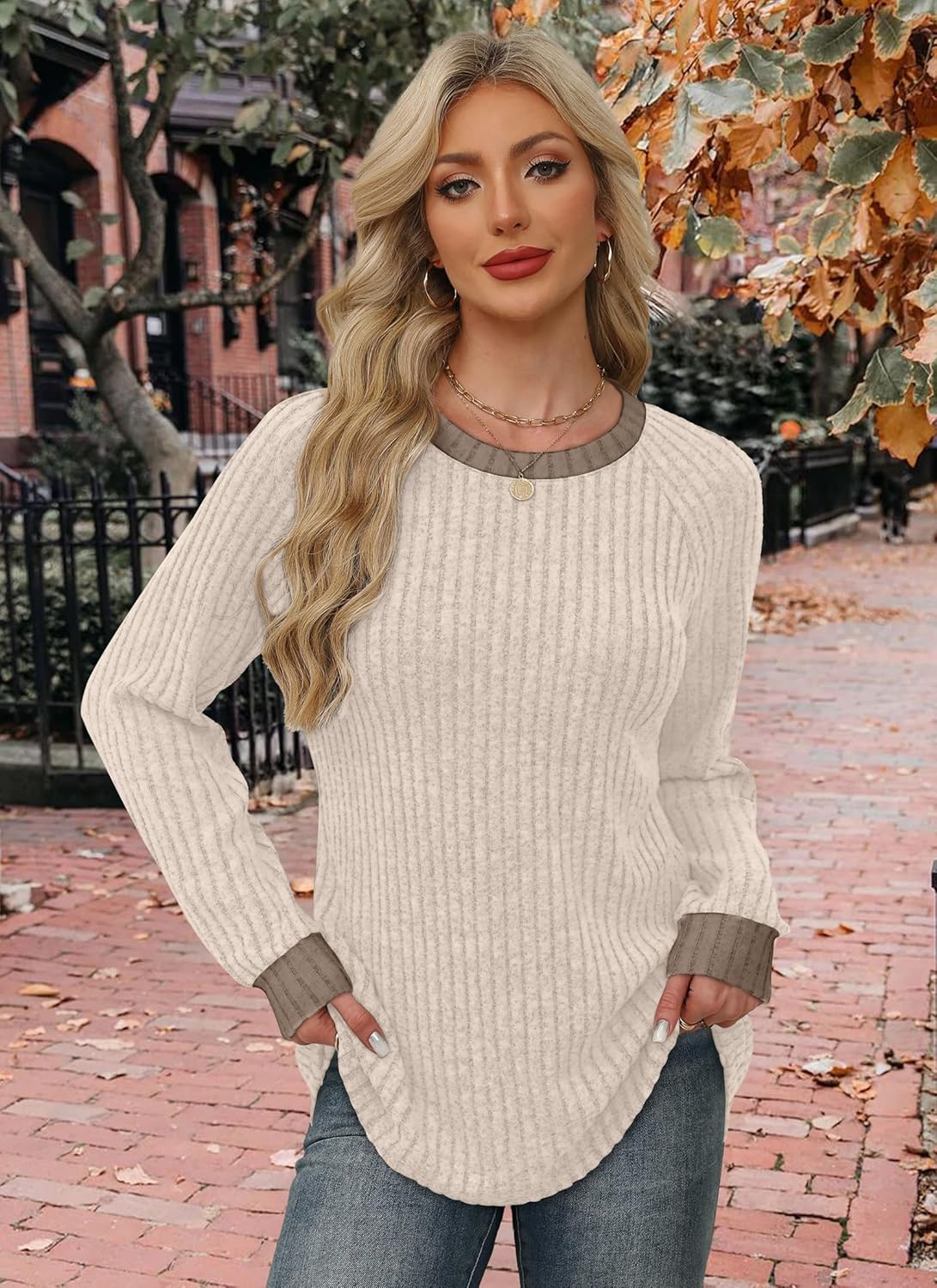 WIHOLL Long Sleeve Shirts for Women Lightweight Sweaters Fall Outfits 2025 Color Block Winter Clothing Dressy Casual Soft