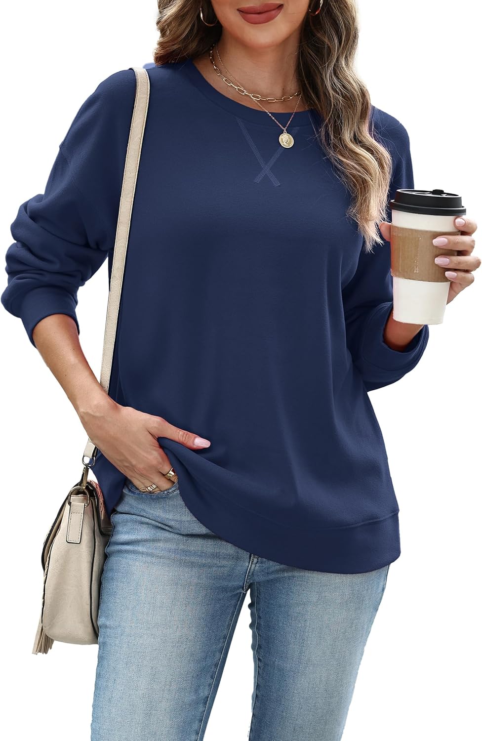 RUMIA Women's Crew Neck Sweatshirt Loose Pullover Long Sleeve Shirts Soft Tops for Women Fall Clothes 2025