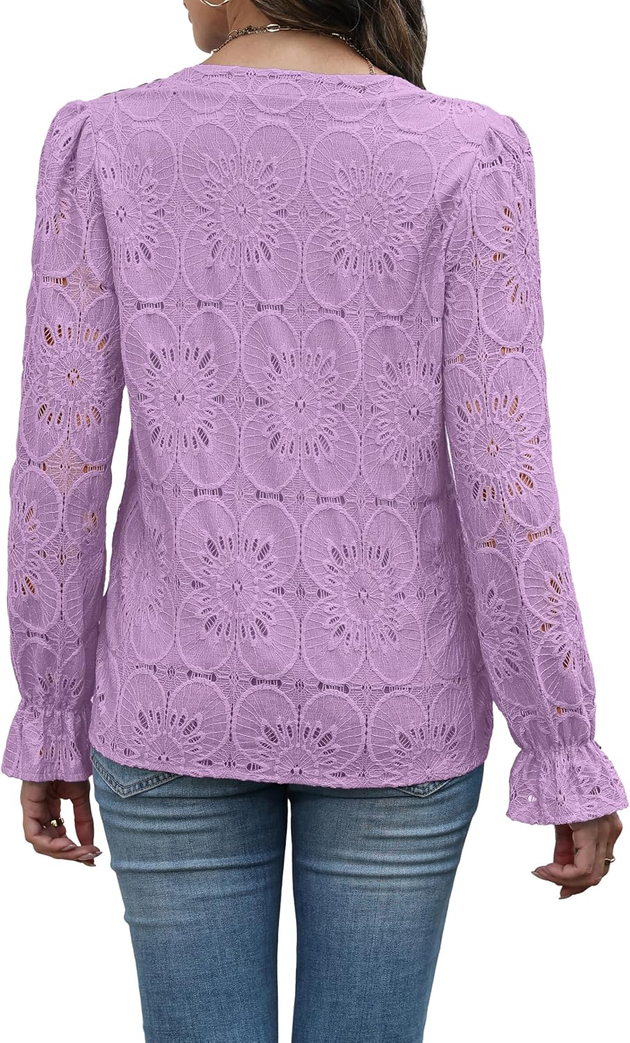 RUMIA Womens Blouses V Neck Eyelet Lace Tops with Lining Dressy Sheer Long Sleeve Shirts Embroidered Blouses 2025 Fashion