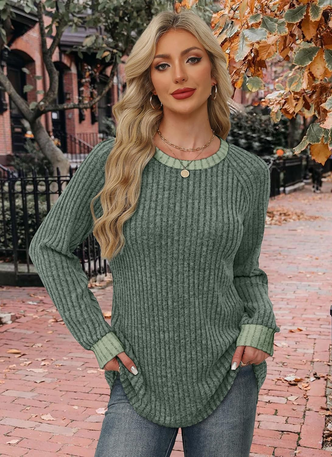 WIHOLL Long Sleeve Shirts for Women Lightweight Sweaters Fall Outfits 2025 Color Block Winter Clothing Dressy Casual Soft